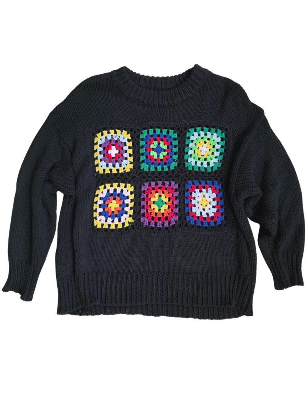 AQUA Bloomingdales Black Crochet Granny Square Wool Blend Sweater Size Medium